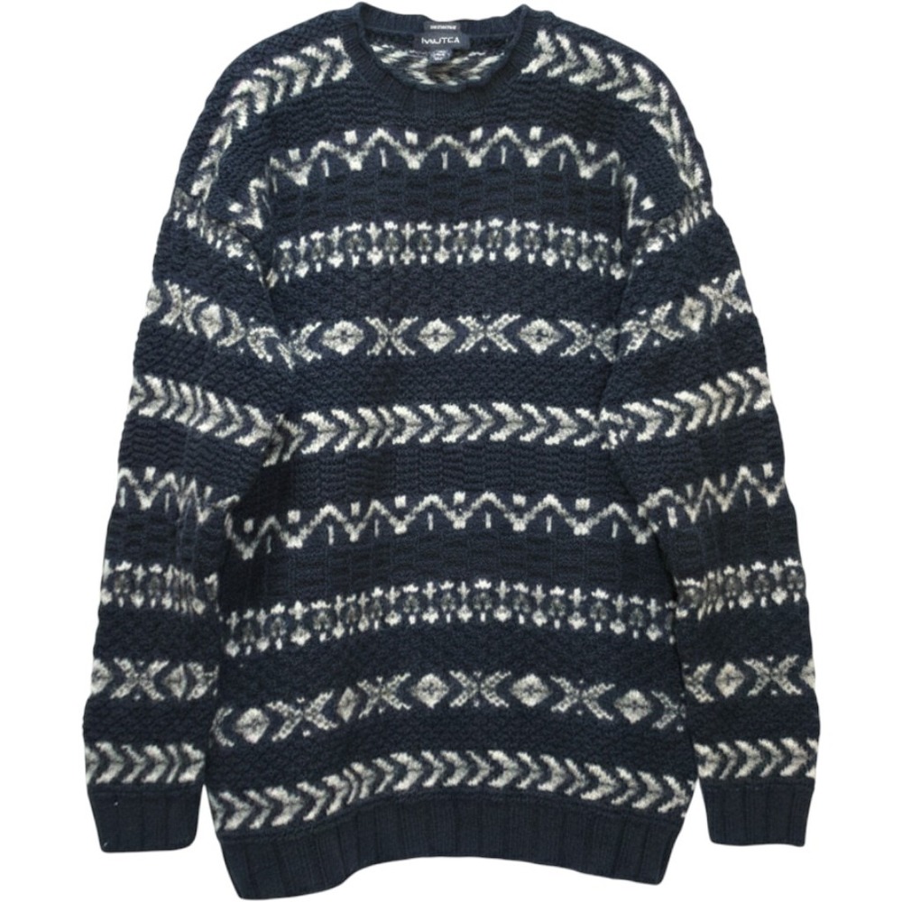Nautica Mens XL Handknit Geometric Sweater Cotton Wool Chunky Fisherman Cabin